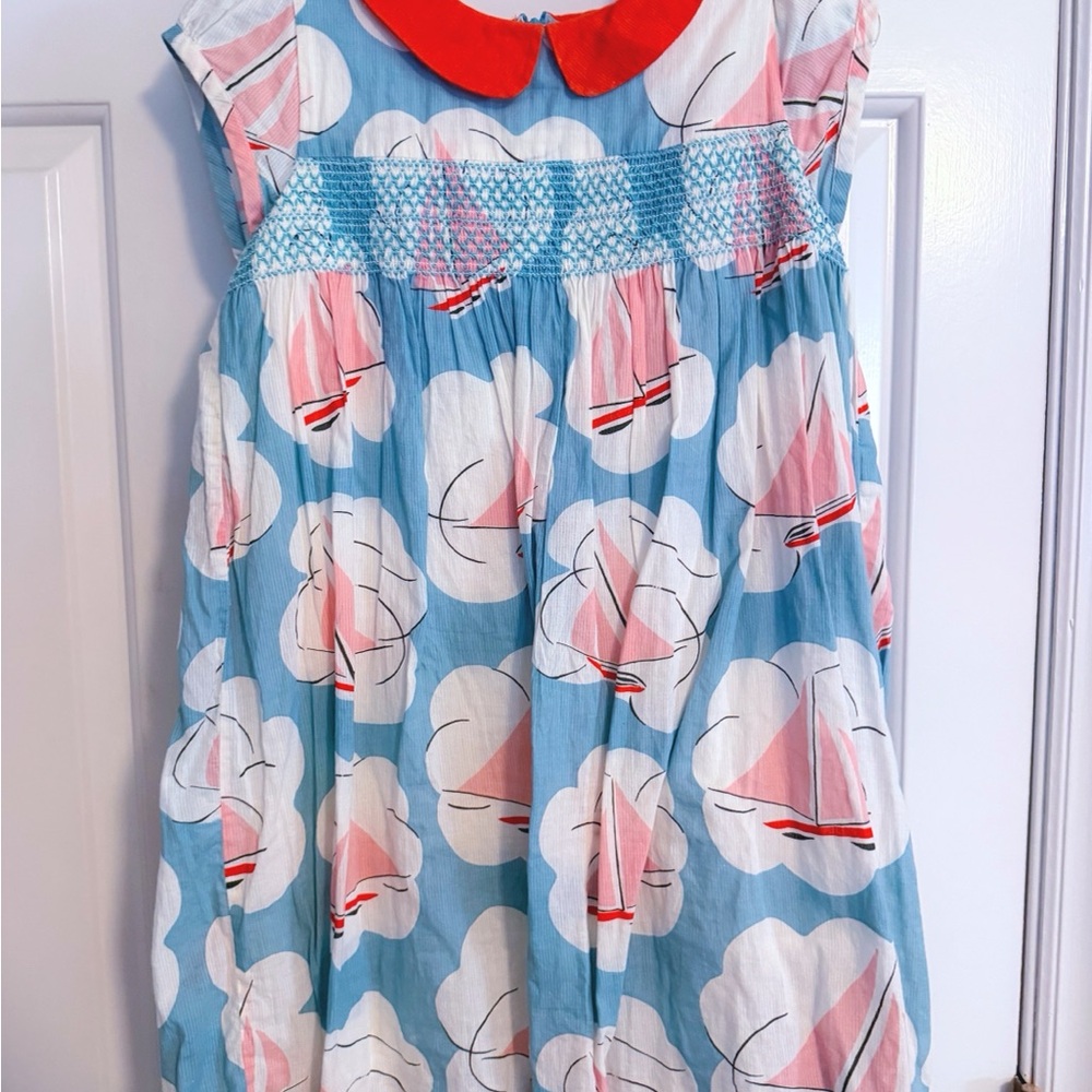 Mini Boden, Smocked Blue and Red Sailboat Dress, size 7-8 years